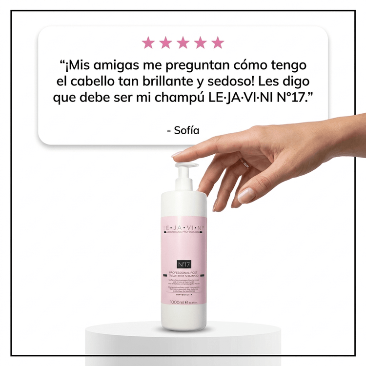 Testimonio de usuario sobre champú post tratamiento profesional LE·JA·VI·NI® Nº17, resaltando brillo y suavidad.