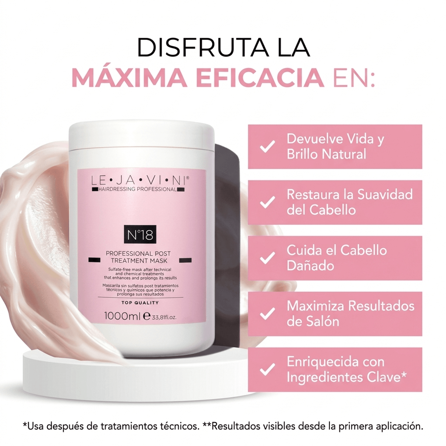 Mascarilla post tratamiento profesional LE·JA·VI·NI® para reparar y suavizar el cabello, con ingredientes clave y resultados visibles.