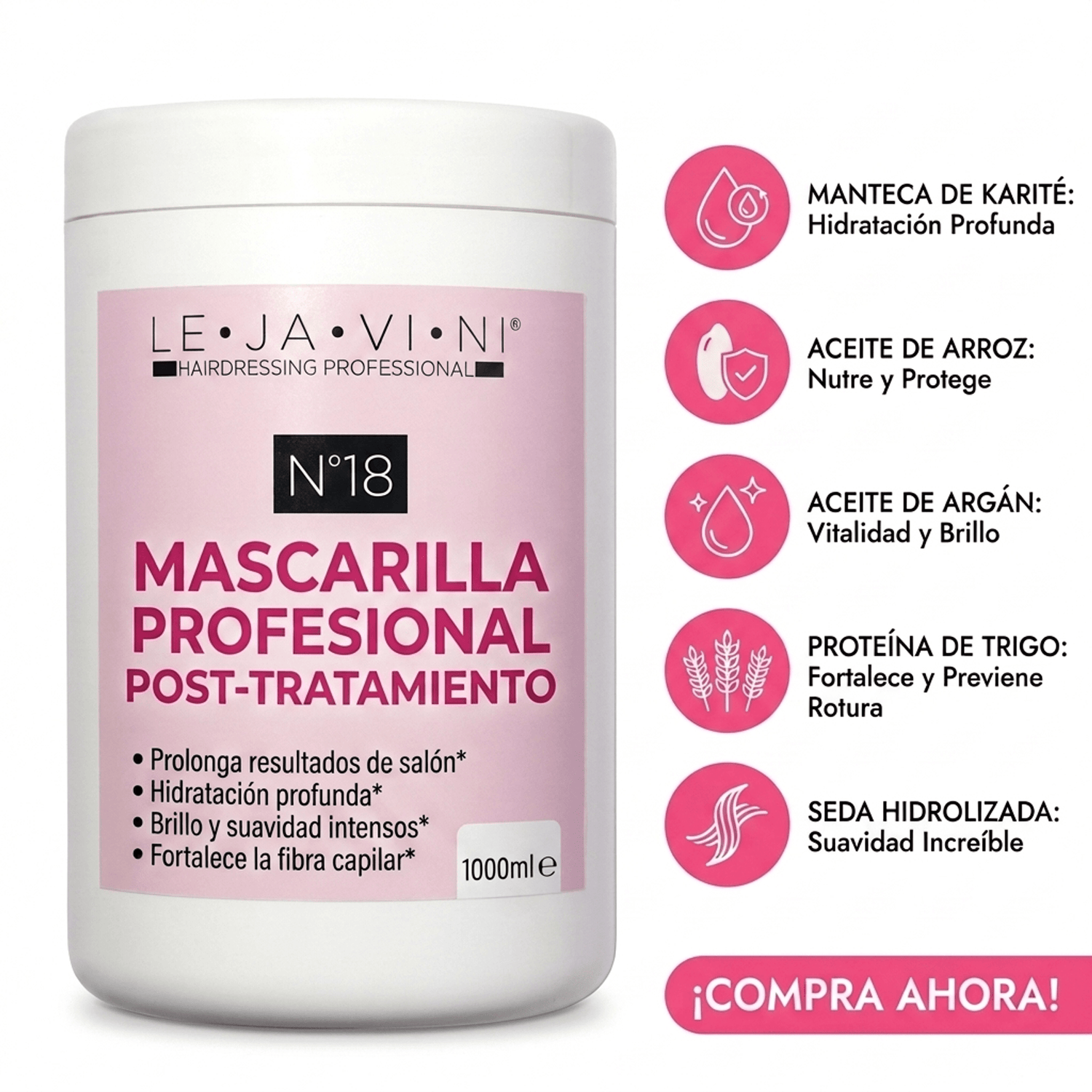 Mascarilla Post Tratamiento Profesional LE·JA·VI·NI® para reparar y suavizar el cabello dañado, 1000 ml.