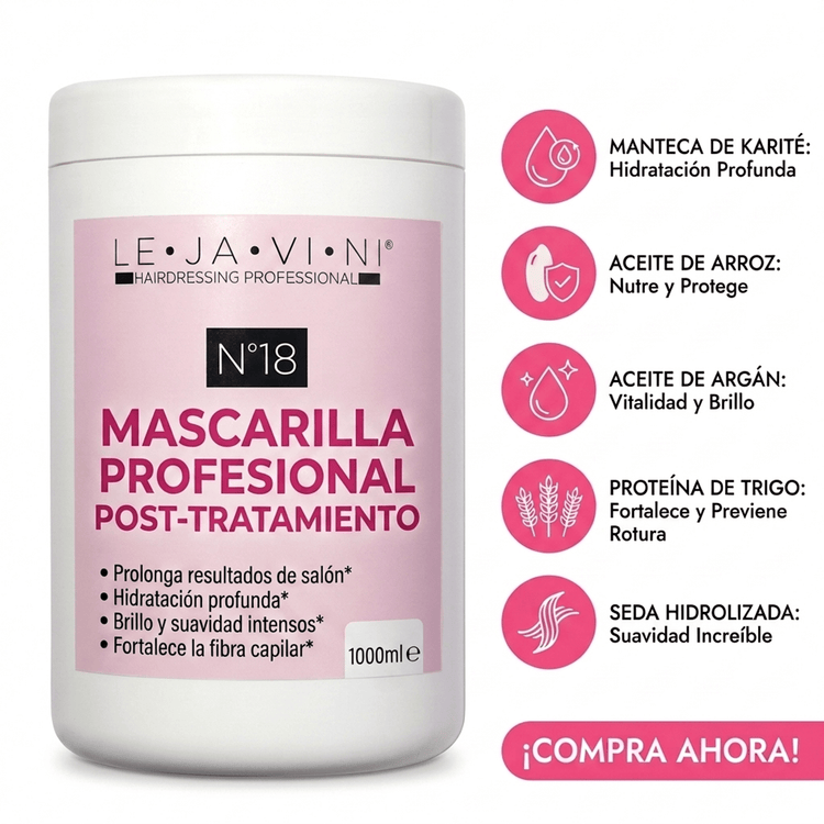 Mascarilla Post Tratamiento Profesional LE·JA·VI·NI® para reparar y suavizar el cabello dañado, 1000 ml.