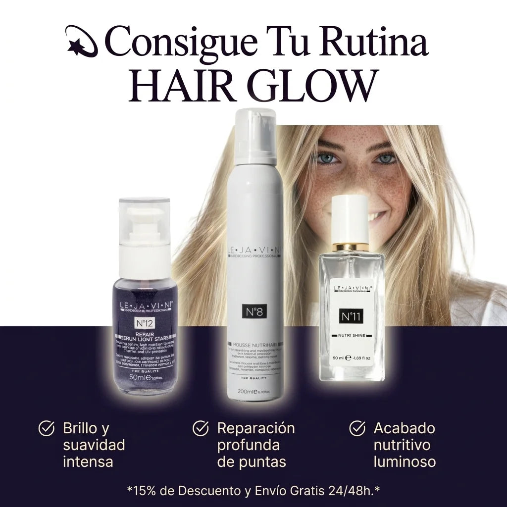 Rutina cabello apagado sin brillo Hair Glow Set con productos para brillo, suavidad y reparación.