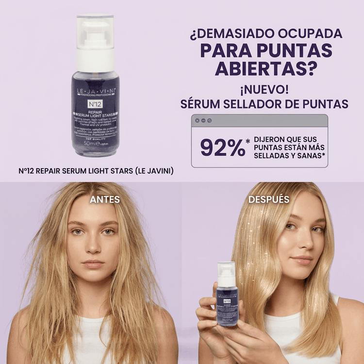 Rutina cabello apagado sin brillo, el sérum vendedor de puntas N°12 de Le Javin que transforma el cabello antes y después.